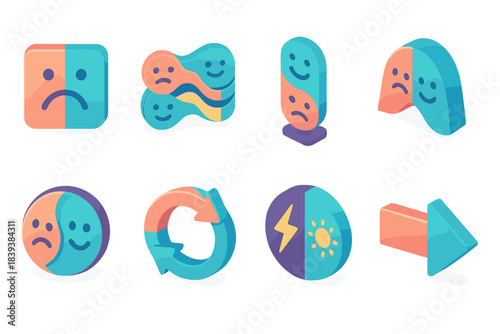 Emotional Vector Icons. Dual-Polarity Emotion Modes flat isometric set: mood-contrast tile, emotional split ripple, opposing-wave bar, tension-fold arc, polarized feeling node,