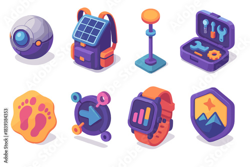 Explorer Icon Set. Long-Range Solo Exploration Set flat isometric set: autonomous nav sphere, solar backpack panel, terrain sensor rod, regenerative toolkit, low-footprint trail