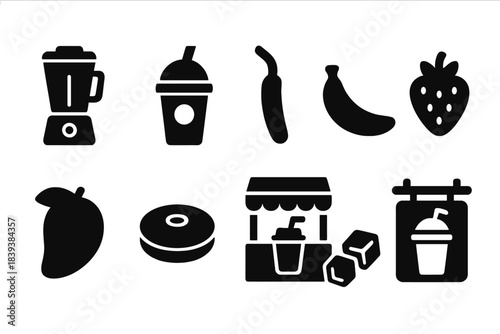 Juice and smoothie solid icon set: blender, fruit, beverage icons for healthy living