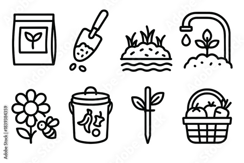 Garden Sustainability Icons. Sustainable Garden Practices linear set: seed packet, soil scoop, mulch layer, drip hose, pollinator flower, compost pail, plant stake, harvest basket.