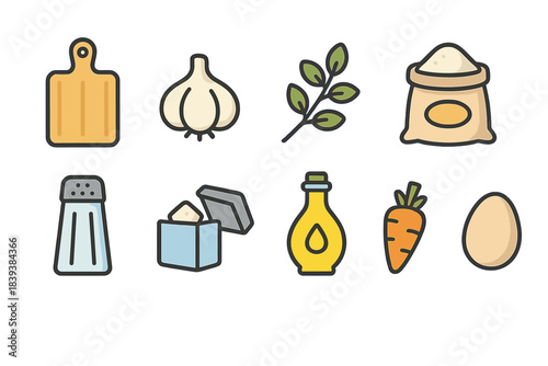 Cooking ingredients icon set. Kitchen tools and produce icons in outline style