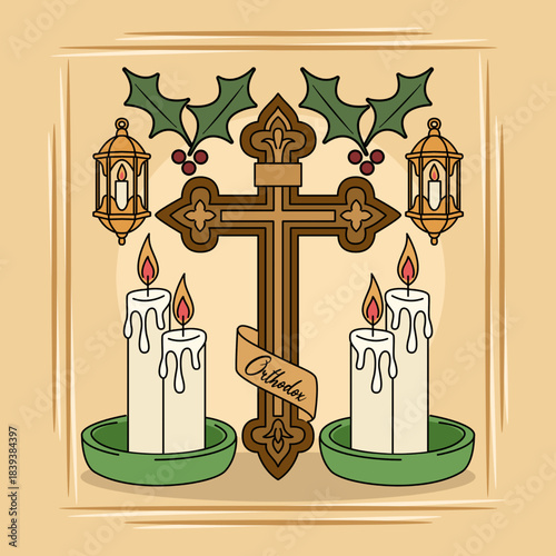 This holiday-themed illustration centers on a decorative Orthodox Christian cross. The cross is adorned with candles, golden lanterns, and cherries to celebrate Orthodox Christmas Day, January 8th.