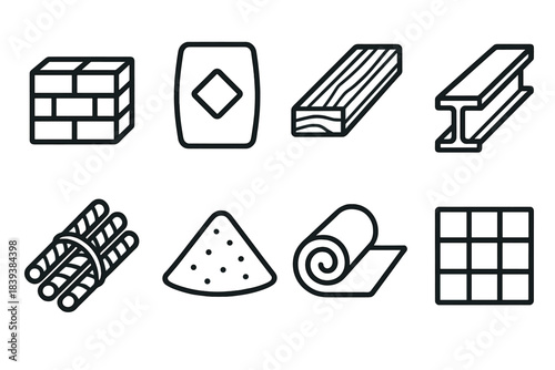 Construction Material Icons. Construction material icons set linear set: brick block, concrete bag, lumber plank, steel beam, rebar bundle, gravel pile, insulation roll, tile sheet