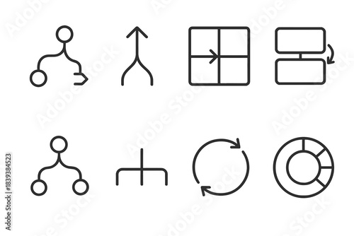 Complex Decision Icons. Scenario Variation Pathways linear set: branching scenario arc, option-split arrow, multi-outcome grid, context-shift tile, variable condition node,