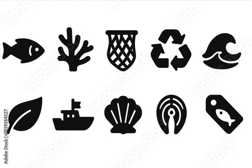 Marine conservation solid icon set. Eco-friendly, ocean life symbols collection