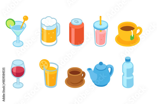 Beverages flat icon set. Refreshing drinks, tea, coffee, juice icons in flat style