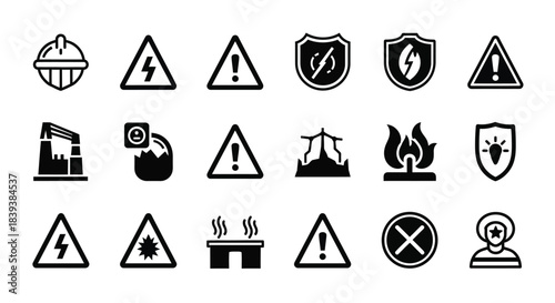 Collection of safety and hazard warning signs in black and white isolated on symbol for danger, caution, and protection