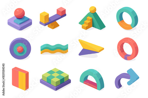 Stylish Isometric Icons. Value of Moderation flat isometric set: restraint cue tile, balanced path bar, mindful step node, temperance ring, clarity dot, steady-flow stripe, limited