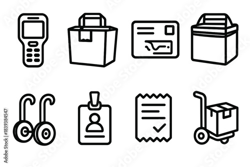 Delivery Toolkit Icons. Delivery toolkit set linear set: mobile scanner, package tote, address label, route sheet, thermal bag, cart wheels, ID badge, delivery ticket.