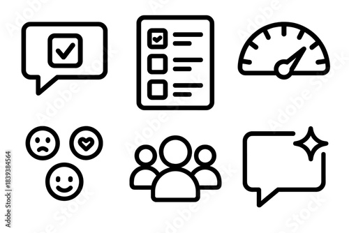 Audience Engagement Icons. Audience Engagement Tactics linear set: feedback bubble, survey card, engagement meter, reaction icons, audience cluster, message spark.