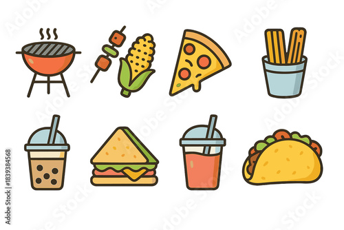 Food and drink flat icon set. Barbecue, snacks, and beverages icon collection
