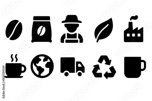 Coffee industry solid icon set: sustainability, production, eco-friendly symbols pack