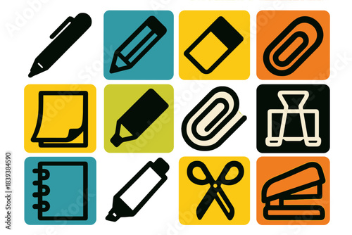 Bold Stationery Icons. School Stationery Kit silhouette set: ballpoint pen tile, colored pencil node, soft eraser bar, ruler ring, sticky note patch, neon highlighter stripe, paper