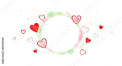 A romantic watercolor round frame with delicate red and pink hearts, perfect for decorating love, holiday and Valentine's Day cards.
