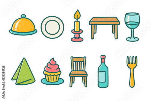 Dining and kitchen flat icon set. Restaurant and cuisine theme icon collection