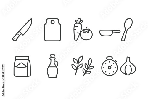 Cooking outline icon set. Kitchen, food preparation, culinary, tools, utensils collection