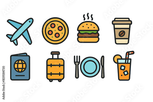 Travel and food flat icon set. Explore, dine, and relax with flat style icons collection