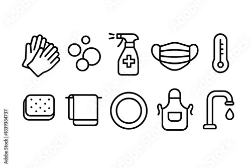 Cleaning and hygiene outline icon set: gloves, soap, spray, mask, and sanitizer icons