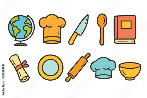 Cooking and education flat icon set. Culinary, learning tools in a fun outline style
