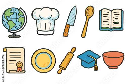 Education and culinary icon set. Cooking, learning elements in a flat style collection