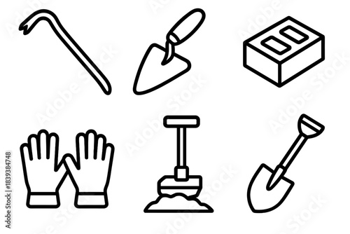 Construction Tool Icons. Build & Extract Tools linear set: crowbar, trowel, masonry block, soil tamper, work gloves, compact shovel.