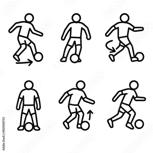 Soccer Skill Icons. Dynamic Control Skills linear set: quick pullback, lateral tap, pivot turn, steady settle, bounce cushion, tight dribble.