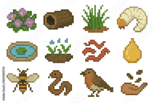 Yard Wildlife Icons. Yard Wildlife Network set of icons in flat pixel vector style: flowering groundcover, hollow log, native grass tuft, beetle larva, micro-pond, rain garden icon