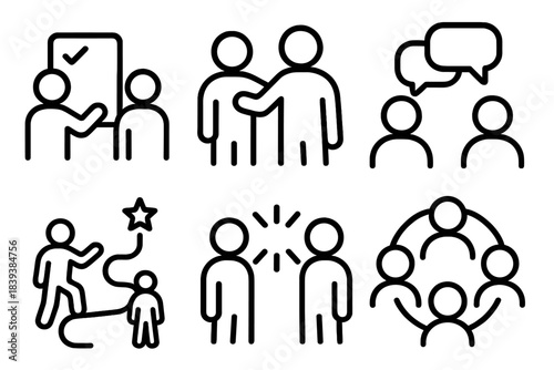 Human Connection Icons. Human-Focused Activity Set linear set: shared task icon, supportive gesture, conversation bubble, collaborative path, engagement spark, community circle.