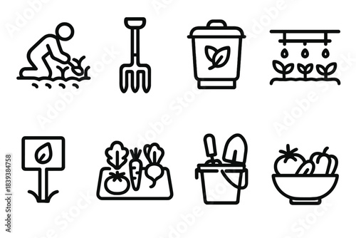 Garden Tools Icons. Shared Garden Activities linear set: planting row, garden fork, compost caddy, drip line, seed label, veggie patch, tool bucket, produce bowl.