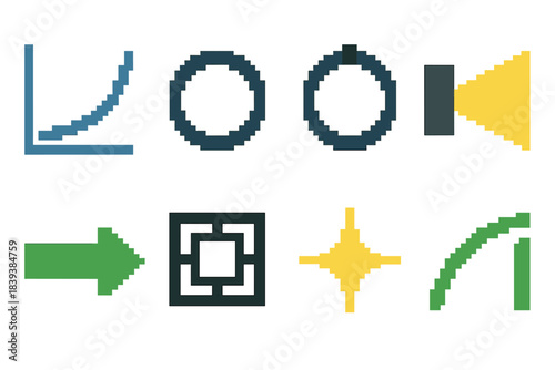 Pixel Art Productivity Icons. Productivity Tools Ecosystem Concepts pixel style set: efficiency curve, clarity circle, alignment ring, focus beam, momentum arrow, structure frame,