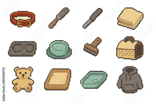 Animal Care Icon Set. Animal Care & Comfort Items set of icons in flat pixel vector style: adjustable collar, grooming comb, nail file, soft towel, feeding mat, spill-proof bowl,