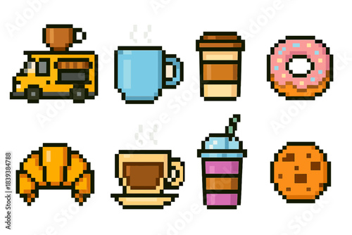 Coffee and snacks pixel icon set with donut, croissant, beverage, outline style