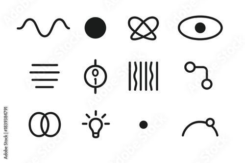 Quantum Design Elements. Quantum-Inspired Solutions Elements Set linear set: quantum wave, particle dot, entanglement loop, probability cloud, energy level bar, qubit icon,
