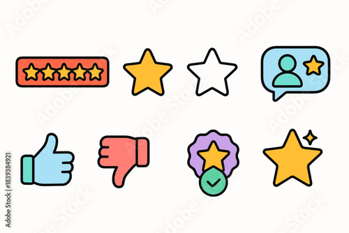 Feedback and rating flat icon set. Customer reviews, likes, ratings collection