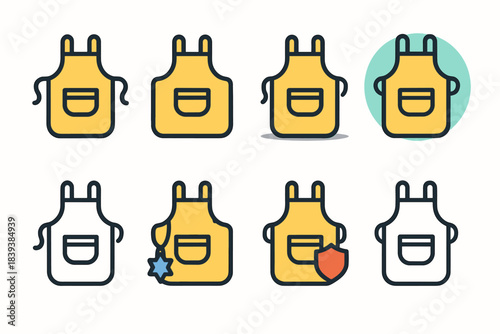 Aprons, kitchen, cookware outline icon set. Culinary tools and equipment icons