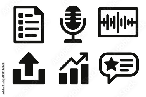 Podcast Icons Collection. Podcast Lifecycle Management silhouette set: episode planning sheet, recording mic icon, editing timeline, publishing arrow, analytics chart, audience