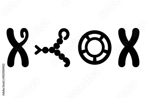 Telomere Biology Icons. Telomere Extension Concepts silhouette set: chromosome-end loop, elongation catalyst bead, stability ring.