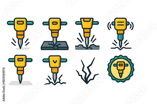 Construction, equipment flat icon set. Jackhammer, tools, industrial flat icons collection