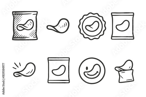 Snack and chips outline icon set. Crunchy snack, chips packaging linear icons collection