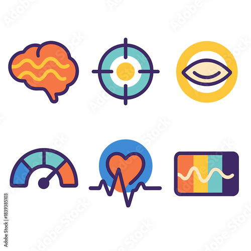 Mindful Icon Harmony. Cognitive Harmony Set flat set: synchronized brainwaves, clarity node, gentle focus ring, mental balance gauge, mindfulness pulse, flow-state indicator.
