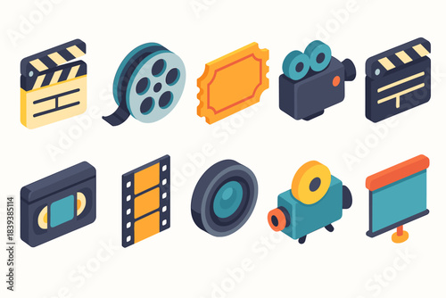 Film and cinema 3d icon set. Movie, entertainment symbols in 3d style collection