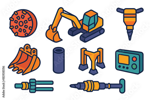 Isometric Machinery Icons. Excavation machinery elements isometric flat set: tunnel borer head, hydraulic shovel, scoop bucket, percussion drill, casing pipe, rig stabilizer, drill