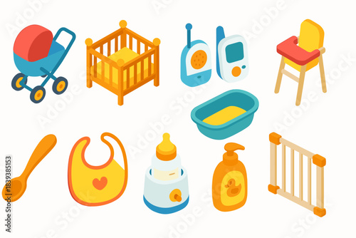 Baby essentials 3d icon set. Infant care, nursery, and safety icons collection