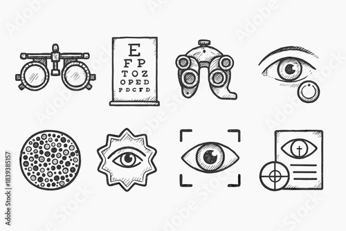 Optometry, vision line icon set. Eye health, vision testing, eyewear line icons