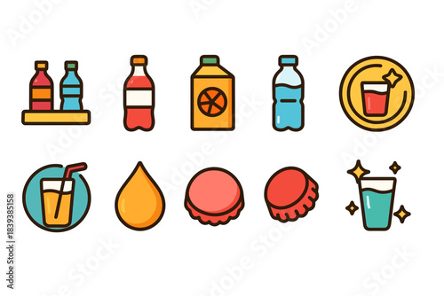 Beverage and bottle flat icon set. Drink, juice, cap, soda, water flat icons collection