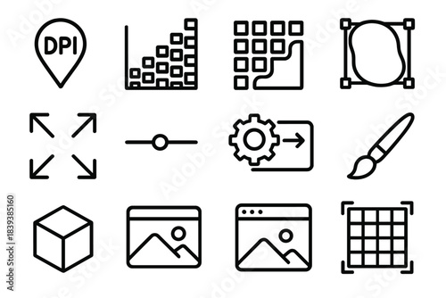 Image Editing Icons. Image Resolution Elements linear set: DPI marker, pixel density chart, raster block, vector outline, scaling arrows, resolution slider, export settings gear,