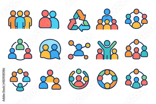 Teamwork and collaboration icon set. Group, community icons in a flat style.