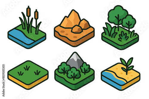 Isometric Habitat Icons. Earth Habitat Range isometric flat set: riverbank reed, arid rock, lush understory, open plain, mountain shrub, shoreline sand.