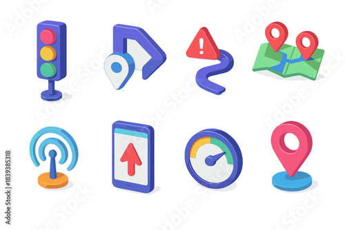 Modern Navigation Icons. Connected Navigation Features isometric flat set: live traffic signal, route sharing arrow, off-route alert, dual-map view, positioning antenna, augmented