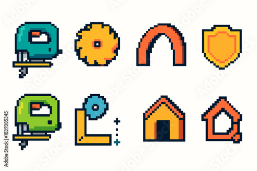 Construction tool, home icon set. Pixel, building, repair, safety icons collection